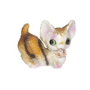 Vintage Japan Ceramic Spaghetti Cat Figurine Mid Century Kitsch Green Eyes Bow